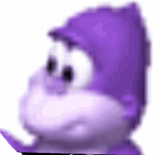 a close up of a cartoon character wearing a purple hat