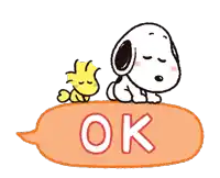 snoopy and woodstock are sitting on top of a speech bubble that says " ok "