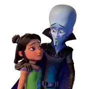 a cartoon character with a big head is standing next to a girl