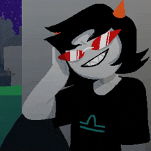 a pixel art drawing of a troll wearing sunglasses and a black shirt with the letter v on it