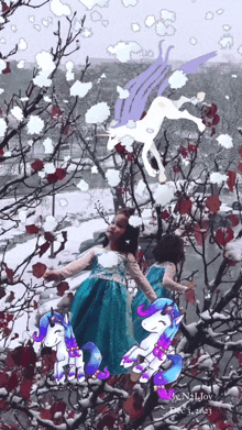 a girl in a blue dress stands in the snow with unicorns