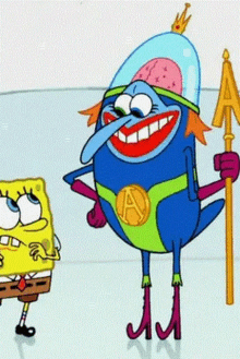 spongebob and a cartoon character are standing next to each other .