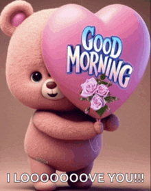 a teddy bear is holding a heart shaped balloon with the words good morning on it