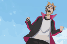 a man in a pink and black jacket is screaming with his mouth wide open