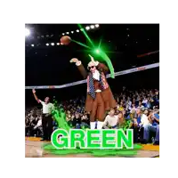 a man in a brown suit is throwing a basketball and the word green is behind him