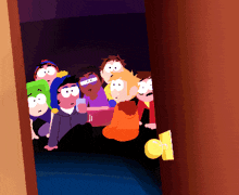 a group of south park characters are peeking out from behind a door