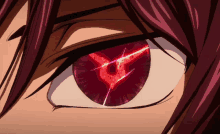 a close up of a person 's eye with a red glowing symbol in it