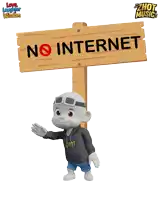 a cartoon character standing next to a wooden sign that says no internet
