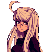 a pixel art of a girl with long blonde hair wearing glasses and a black sweater