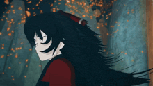 a girl with long black hair and red eyes is standing in front of a wall