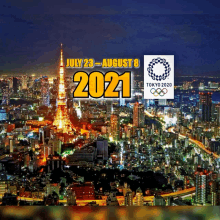 a poster for the tokyo 2020 olympics shows a city skyline at night