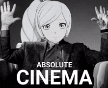 a poster for absolute cinema shows a girl in a suit sitting in a chair