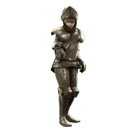 a woman in a knight 's armor is standing on a white background