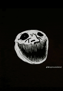 a black and white drawing of a creepy face with a big smile .