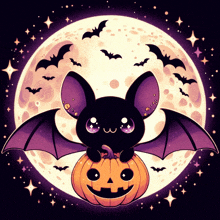 a bat is sitting on top of a halloween pumpkin