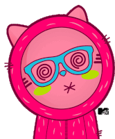 a cartoon cat wearing glasses and a pink circle around its head