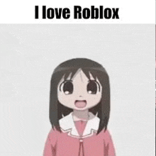 a cartoon girl is standing in front of a white background with the words `` i love roblox '' written on it .