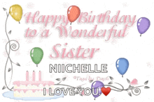 a birthday card with balloons and a cake that says " happy birthday to a wonderful sister nichelle i love you "