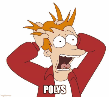 a cartoon character is holding his head and the word polys is on the bottom of his face