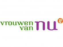 the logo for vrouwen van nu is green and purple and has a purple circle in the middle .