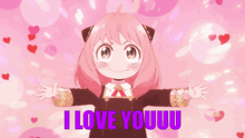 a girl with pink hair is hugging with the words i love youuu written in purple
