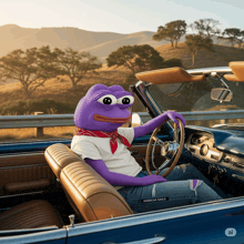 a purple frog is sitting in a blue car with an american eagle jeans