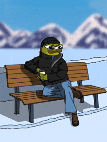 a cartoon frog is sitting on a bench in the snow