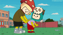 a cartoon of bart simpson standing next to a child with a skull mask on