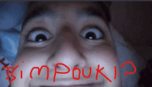 a close up of a person 's face with the word kimpoukip written in red