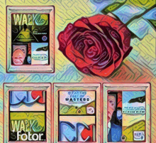 a painting of a rose with the words walk & fotor on the bottom right