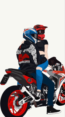 a drawing of a man and woman on a motorcycle with the man 's shirt saying knightleifer