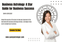 a woman with her arms crossed in front of a zodiac sign and the words business astrology a star guide for business success