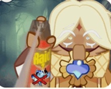 a cartoon character is holding a bottle of rat repellent