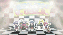 a group of anime characters are standing in front of a sign that says ' nippleless girls '