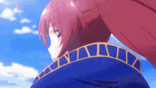 a girl with long red hair is wearing a blue coat and looking at the sky .