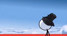 a stick figure wearing a top hat stands in front of a snowy landscape