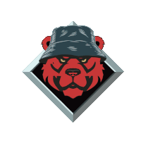 a red bear wearing a black hat and a mustache