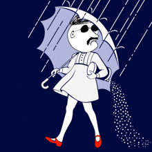 a cartoon of a man in a dress holding an umbrella in the rain