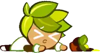 a cartoon character with green hair and leaves is laying on the ground .