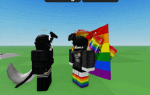 a rainbow flag is being held by a person in a black shirt that says i am not a monster