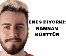 a man with a beard and blonde hair has the words enes diyorki namnam kurttur written below him