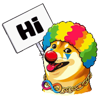 a dog wearing a clown wig is holding a hi sign