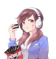 a girl wearing headphones and holding a bag of rogue affiliate