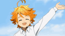 emma from the promised neverland is smiling with her arms outstretched in the air .