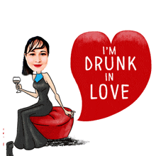 a cartoon of a woman holding a glass of wine next to a heart that says i 'm drunk in love