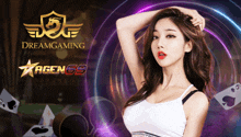 a woman stands in front of a logo for dream gaming