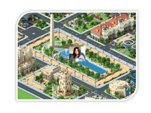 a computer generated image of a city with a woman sitting in the middle