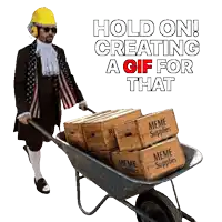 a man pushing a wheelbarrow full of meme supplies boxes