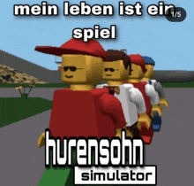 a group of lego figures are standing in a line with the words mein leben ist ein spiel hurensohn simulator on the bottom