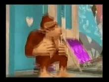 a cartoon monkey is holding a purple object in his hand while standing in front of a blue door .